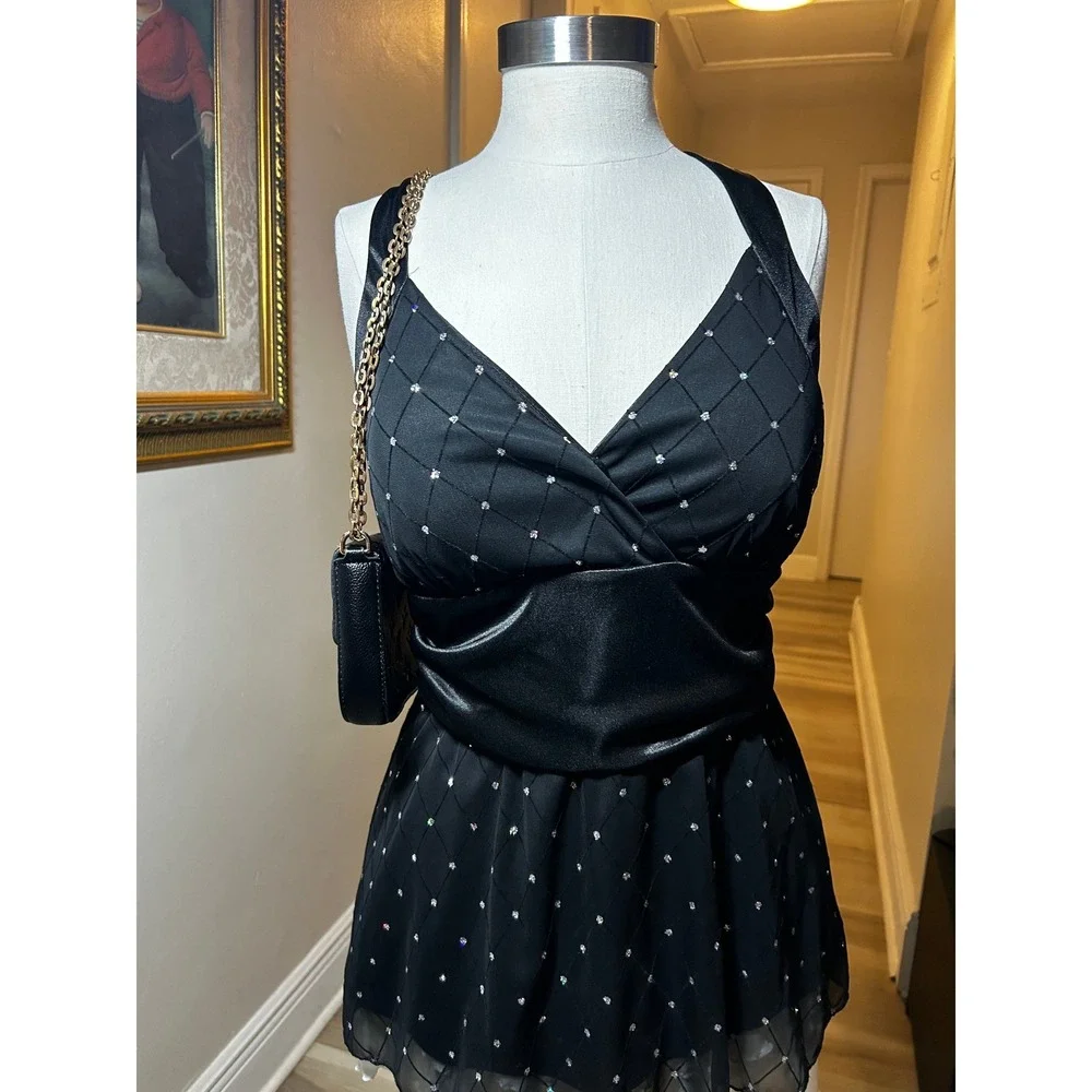 Dressbarn Collection Black Rhinestone Mesh Halter Top Ruched Waist Size 12